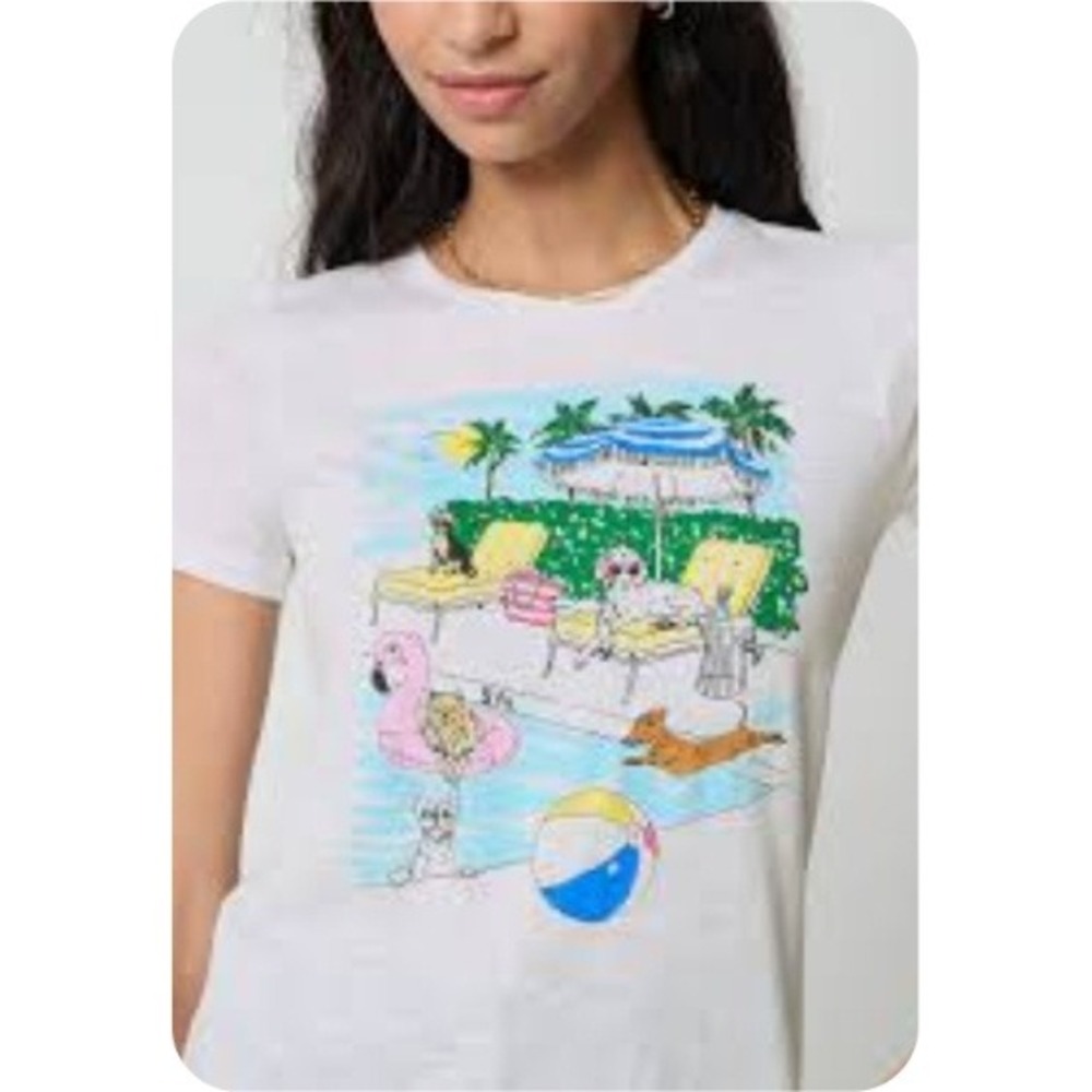 J.Crew Collector Tee White Slub Cotton Dog Poolside Graphic T-Shirt CT424 L NEW